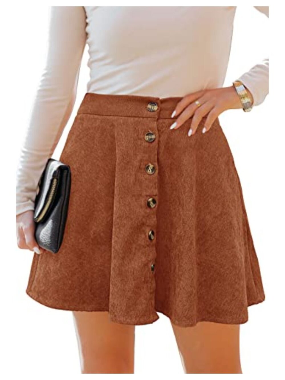 Women's Corduroy Button Front Skater Skirt High Elastic Waist A-line Pleated